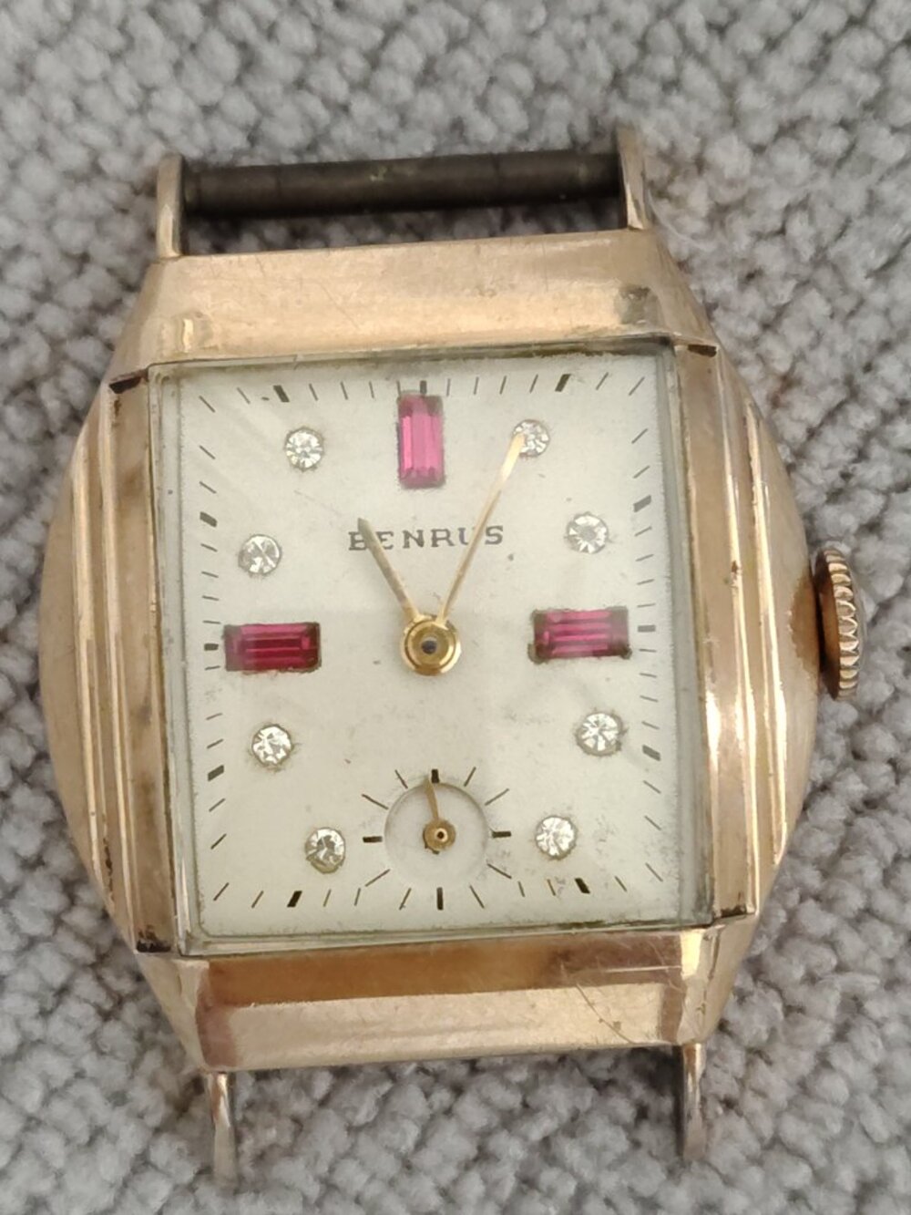 Vintage Benrus Art Deco Mens Watch Ruby Diamond Dial 10K RGP Parts Only
